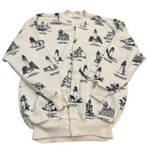 ART UNLIMITED 90s Vintage AOP Lighthouse Cardigan Size Medium P2P 21”